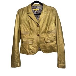 John‎ Carlisle Gold Metallic Leather Blazer Jacket L Cropped Y2K